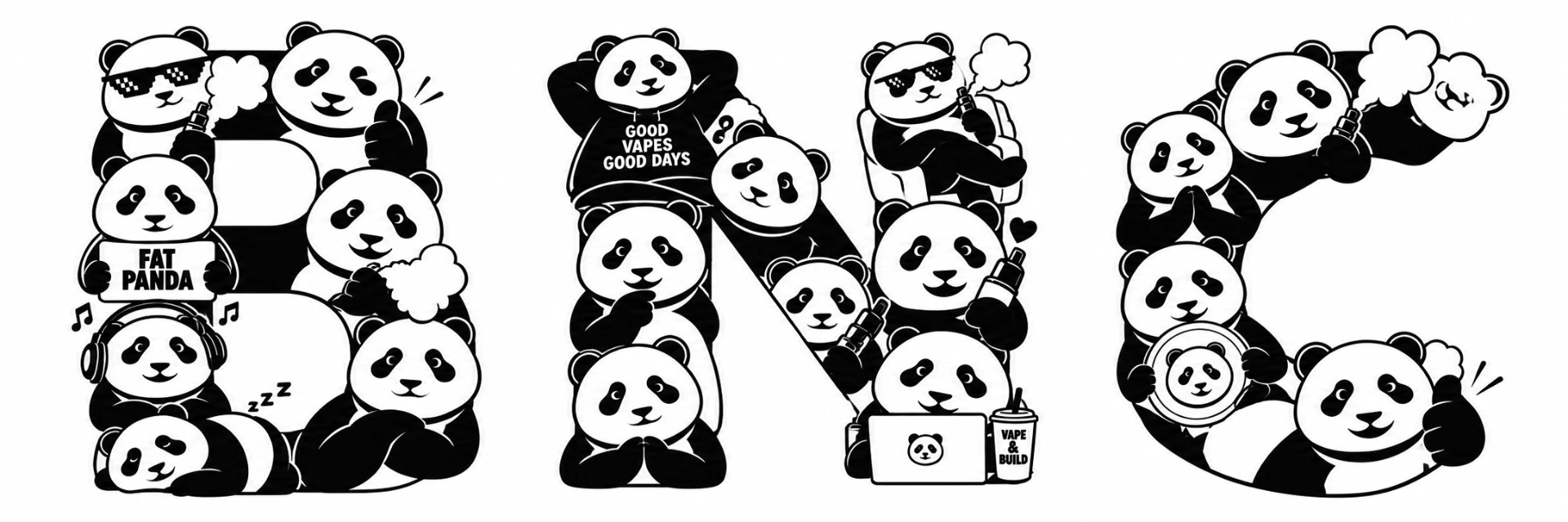 Fat Panda community banner — a collage of pandas vaping, chilling, and building